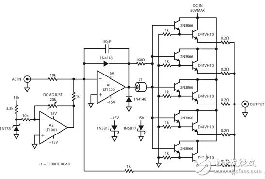 图 13：驱动器电路板使 AC 和 DC 电压相加，以在频率直至 10MHz 时提供数安培电流。