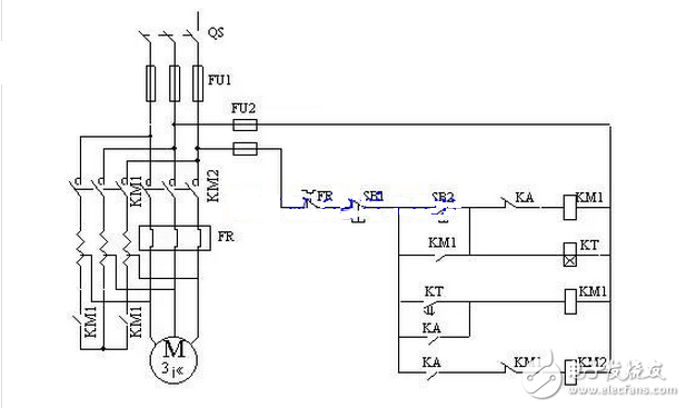 　　在自耦变压器降压起动的控制线路中，限制电动机起动电流是依靠自耦变压器的降压作用来实现的。自耦变压器的初级和电源相接，自耦变压器的次级与电动机相联。