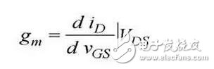 在转移特性曲线上，gm 是曲线在某点上的斜率，也可由iD的表达式求导得出，单位为 S 或 mS。