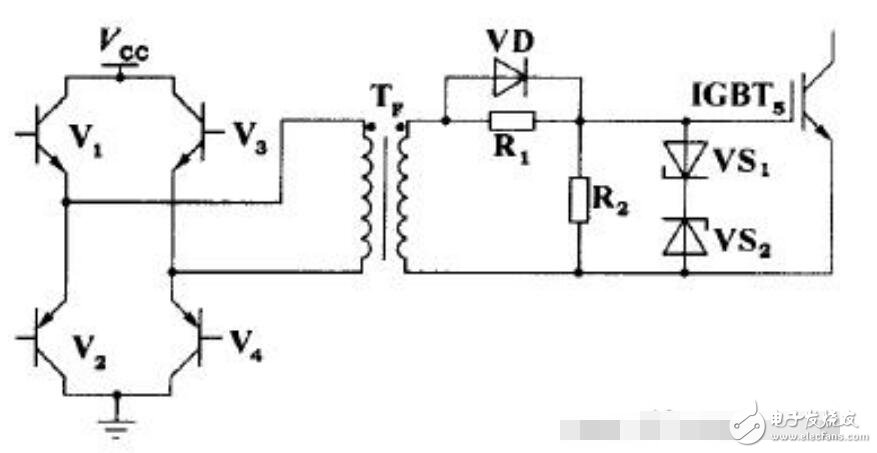 脉冲变压器驱动电路如图所示，V1～V4组成脉冲变压器一次侧驱动电路，通过控制V1、V4和V2、V3的轮流导通，将驱动脉冲加至变压器的一次侧，二次侧通过电阻R1与IGBT5栅极相连，R1、R2防止IGBT5栅极开路并提供充放电回路，R1上并联的二极管为加速二极管，用以提高IGBT5的开关速度，稳压二极管VS1、VS2的作用是限制加在IGBT5g-e端的电压，避免过高的栅射电压击穿栅极。栅射电压一般不应超过20 V。