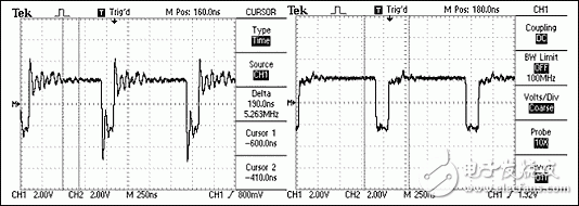 图13. 分支长达10英尺的RS-485网络(上图)及其产生的波形(左图)，以及短分支获得的波形(右图)。