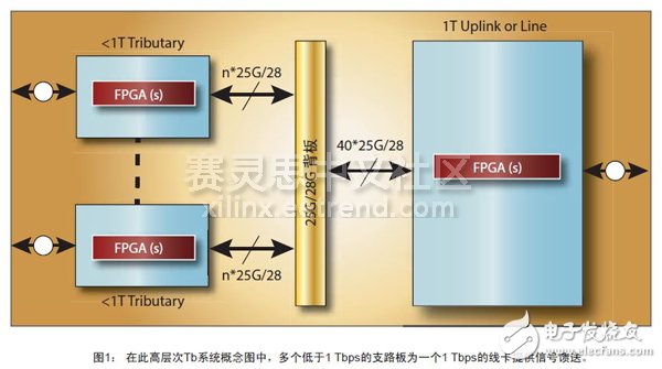 图1： 在此高层次Tb系统概念图中，多个低于1 Tbps的支路板为一个1 Tbps的线卡提供信号馈送。