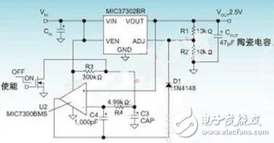 图1：MIC37302和分立电路确保受控的斜率和时序