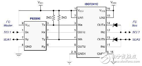  图 4 多主机应用隔离式 I2C 总线接口
