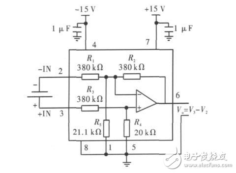 图2 INA117 输出电压是两输入电压之差的接法