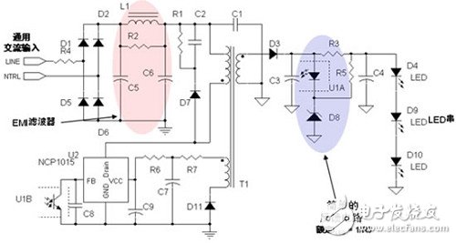 图3：安森美半导体8 W LED驱动应用电路示电图(输入电压为85至264 Vac)