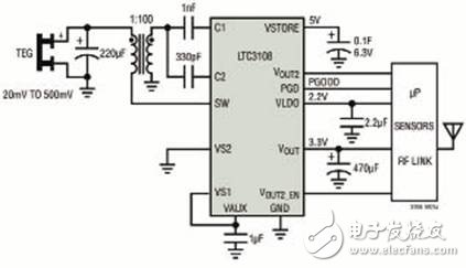 图2 LTC3108用于无线远端传感器应用,该应用由热电发生器供电(Peltier Cell)
