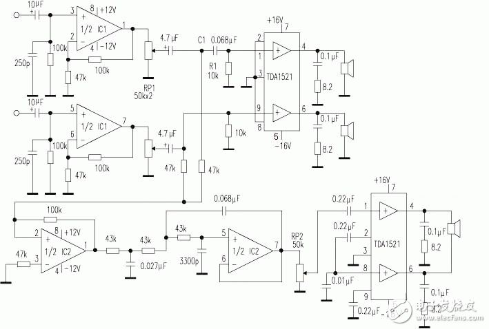 tda1521组成的2.1声道功放电路图