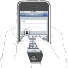 iPhone showing a note being typed in the Notes application. iPhone is held with two hands, each thumb poised over the keyboard. The left thumb is pressing the "E" key and the letter "E" appears on the screen above the thumb.