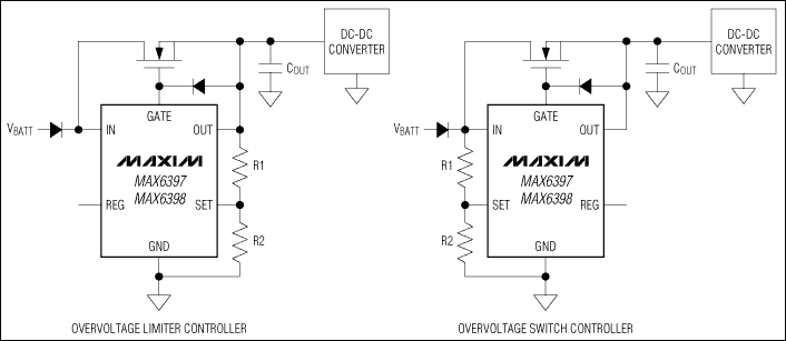 MAX6397, MAX6398 过<b>压</b>保护开关/限幅控制<b>器</b>，