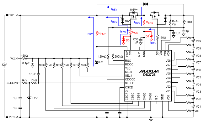 Figure 1. Modified typical application so the DS2726 passes a reverse charger connection.