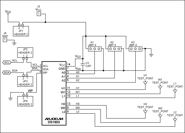 图2. DS1803数字电位器与PIC控制器的连接