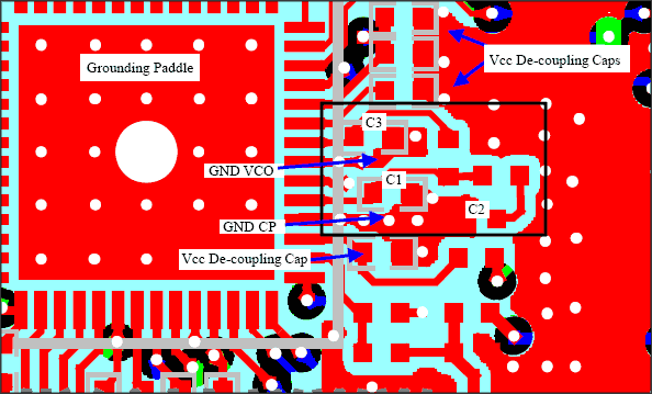 图6. MAX2827参考设计板上PLL滤波器元件布置和接地示例