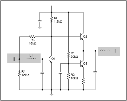 Figure 1. Simplified schematic of the LNA (gray area: off-chip matching).