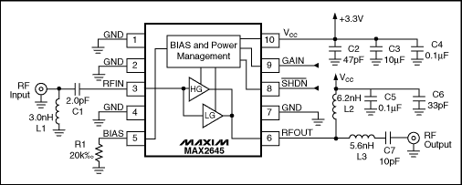 图1. 工作在2.65GHz的MAX2645 SiGe LNA电路原理图