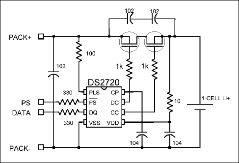 图7. DS2720锂电池保护IC的典型应用电路