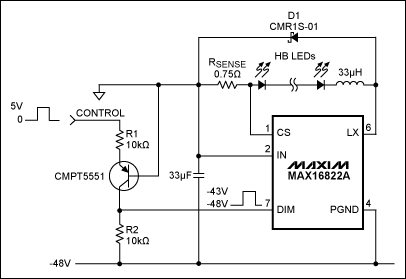 Figure 1. This LED driver applies -48V to the LEDs, but accepts a 0-to-5V dimming signal.