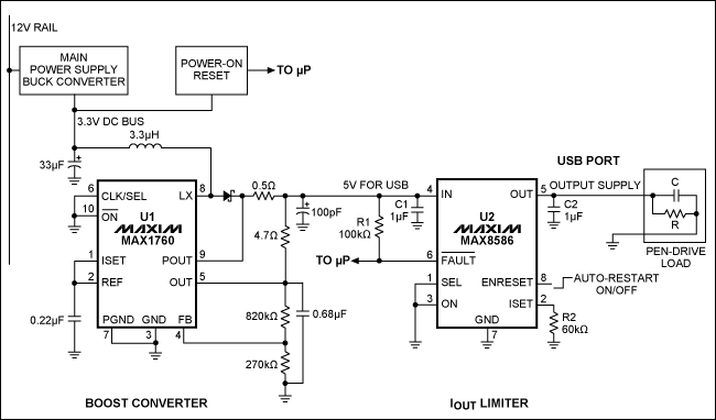 Figure 1. While generating 5V for the USB port, this circuit also limits peak inrush currents at the moment of insertion (at the USB connector), and limits operating current to 500mA as required by the port.