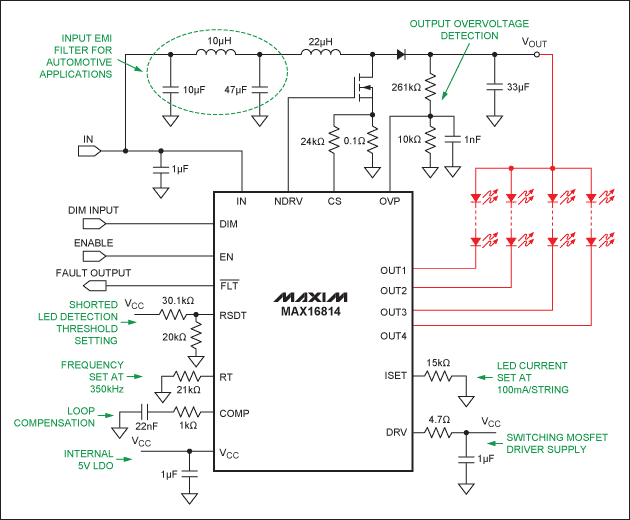 Figure 5. This is an example of a complete automotive design for a heads-up or running-light driver subsystem, including all the external components and an input EMI filter. Because of the low noise of the MAX16814, the EMI filter component value can be kept low.
