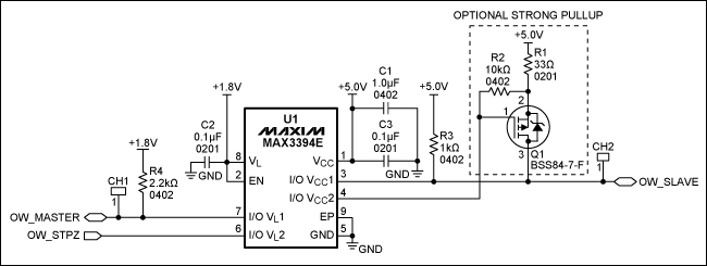 Figure 1. Schematic of 1-Wire bidirectional voltage level translation from 1.8V to 5V. Note that the pins I/O VL and I/O VCC have a typical 10kΩ internal pullup.