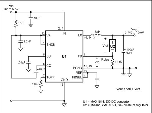 Figure 1. Substituting a shunt regulator (U2) for the customary resistive divider in this DC-DC converter dramatically improves the output voltage accuracy.