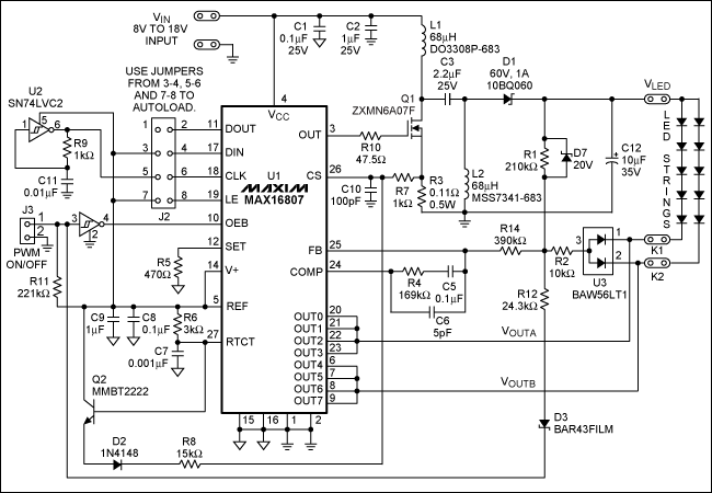 Figure 2. Schematic for the Figure 1 circuit using the MAX16807 SEPIC LED driver (VIN = 8V to 18V, VLED = 22V [adaptive], ILED = 150mA/string).