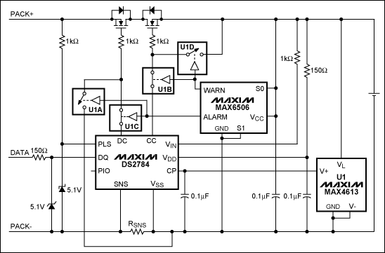 图1. 在DS2784应用电路中加入MAX6506和MAX4613实现可编程的热保护(开关U1A-U1D表示MAX4613内的4个开关)。