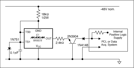 Figure 1. The components shown enable this temperature-to-period converter (IC1) to interface with standard industrial logic levels while operating on a -48V telecomm systems bus.