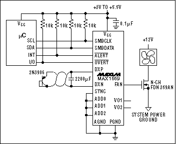 Figure 9. The MAX1669 configured to drive the fan in PWM mode.