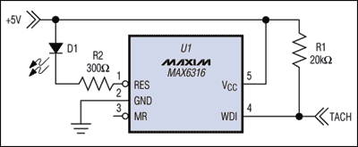 图1. MAX6316 µP监控器监视风扇的转速计输出。