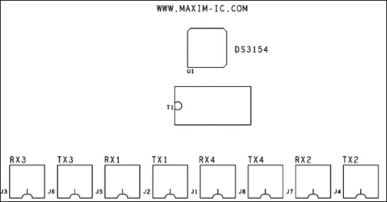Figure 4-1. DS3154 quad-port, T3/E3 LIU layout—silkscreen top layer.