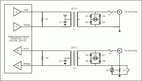 Figure 1. Recommended metallic surge-protection circuit for T3/E3/STS-1.