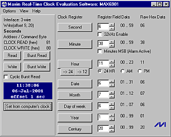 Figure 1. The main screen of typical Maxim RTC evaluation software.