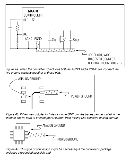 图4. 采用隔离的模拟和功率地隔离较大的功率地电流与低噪声模拟地电流，从而保护低噪电流回路。