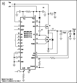 Figure 1. Operation of the MAX1710 synchronous step-down controller is depicted by an application circuit (a) and an internal block diagram (b).