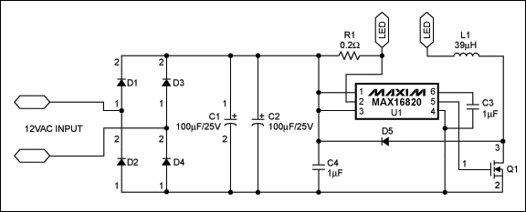 图1. 采用MAX16820 LED驱动器构建的5W MR16 LED灯驱动电路，图中LED为LedEngin的5W WLED。
