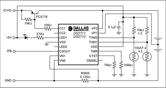 图3. 该典型应用电路中，DS2711电池充电器为2个串联的镍氢充电电池充电