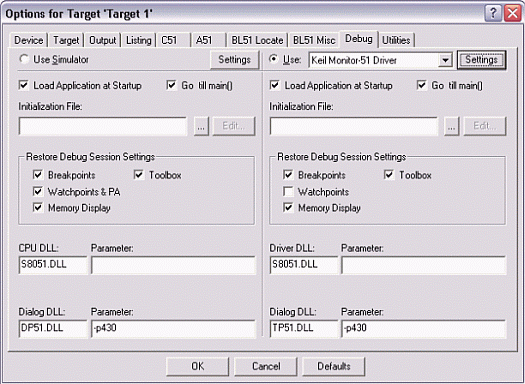 Figure 4.  Debug option settings for the DS89C430/440/450.