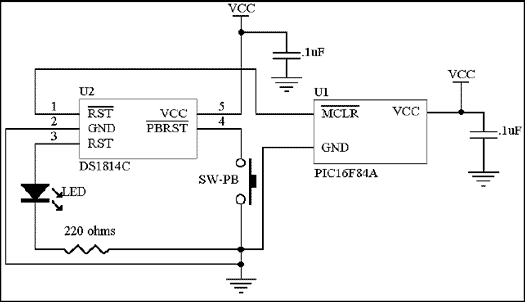 Figure 4. Application of the DS1814C connected to a PIC microprocessor.