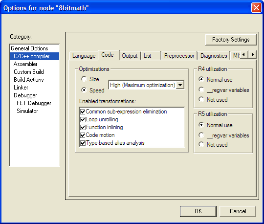 Figure 4. Options for the IAR compiler: all optimizations are enabled.  The radio button switches the compiler between optimizing for speed and for size.