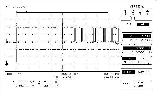 Figure 4. Watchdog strobe signal (ST) at the beginning of execution: 1)VCC 2) ST.