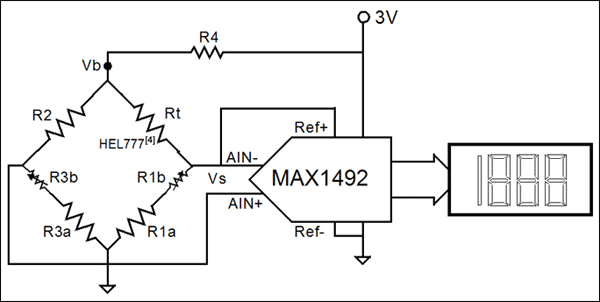 图10. 在具有数字显示的简单的温度传感器中，电桥电路除去0°时的多余信号，使得ADC读数等于温度。