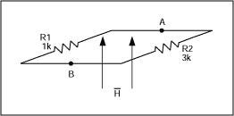 Figure 1. If a time-varying magnetic field H induces a constant current in the loop, what is the voltage between nodes A and B?.