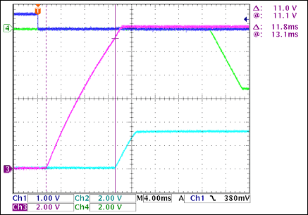 图2. +12V至+3.3V接通延时，没有负载Ch1 = Q8BASE(CARD_PRESENT), Ch2 = +3.3VOUT, Ch3 = +12VOUT, Ch4 = -5VOUT注释：+12VOUT和+3.3VOUT之间有11.8ms延时。