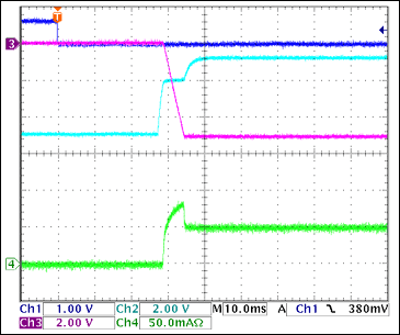 图10. -5V接通波形，100Ω阻性负载 = 50mA Ch1 = Q8BASE, Ch2 = -5VGATE, Ch3 = -5VOUT, Ch4 = IIN(-5V) 注释：-5V摆率大约为1V/ms。