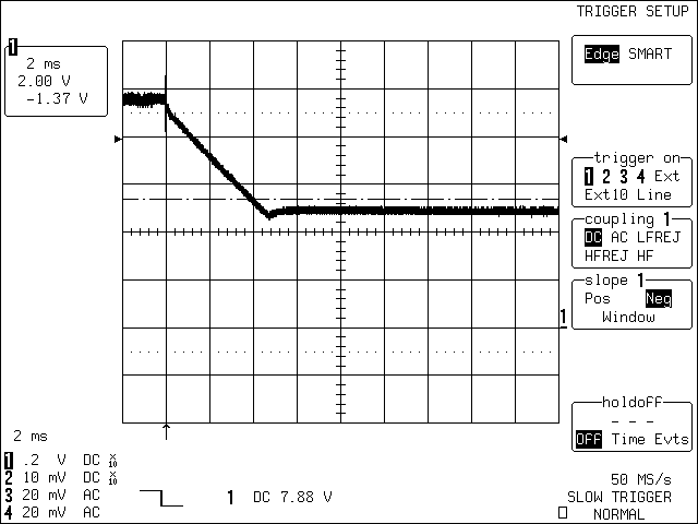 图2. C1 = 470µF，充电电源移开时，4节电池开关模式电路的瞬态特性