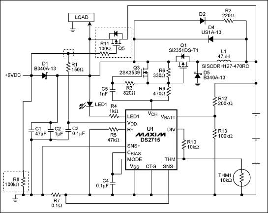 图3. 改进后的开关模式应用电路，适用于DS2715连接非连续负载的应用