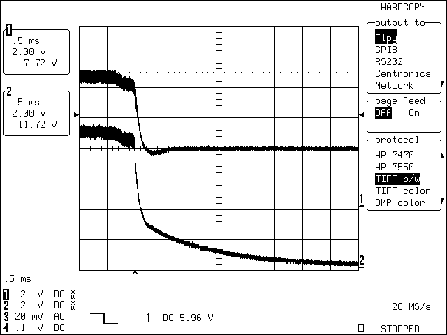 图4. C1 = 22µF时，改进后的应用电路在移除充电电源后的瞬态波形