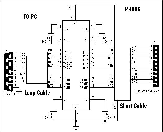 Figure 1. An IC and its associated components form a lump (data lump) in this PC-to-phone cable.