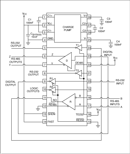 Figure 8. The MAX3162 converts bidirectionally between RS-232 and RS-485 signals in a point-to-point application.